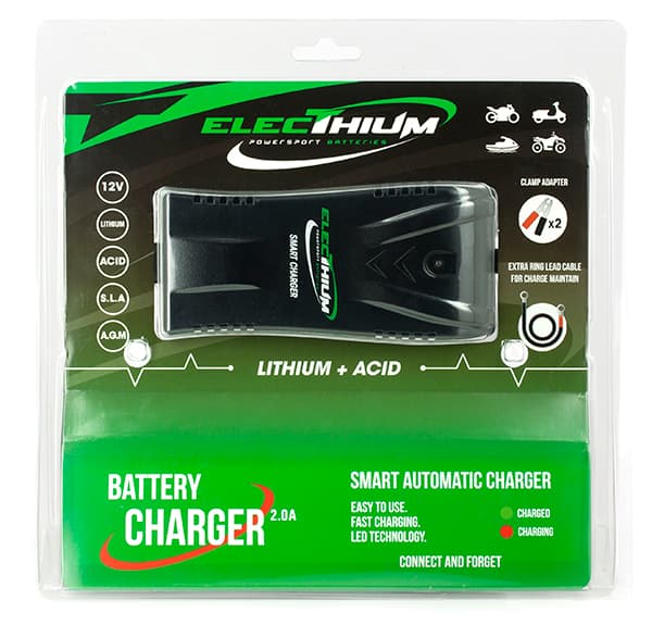 Smart universal battery charger-Lithium/lead 100-240V - 50/60Hz Output:12V 2A vue 2