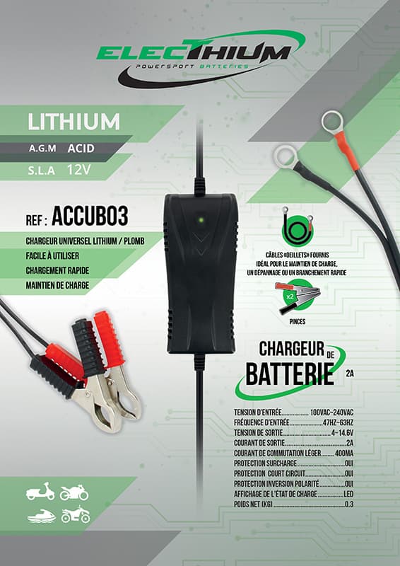 Smart universal battery charger-Lithium/lead 100-240V - 50/60Hz Output:12V 2A vue 3